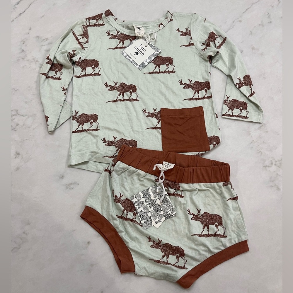 NWT Kate Quinn Teal Orange Bamboo Moose Boxy Top Set